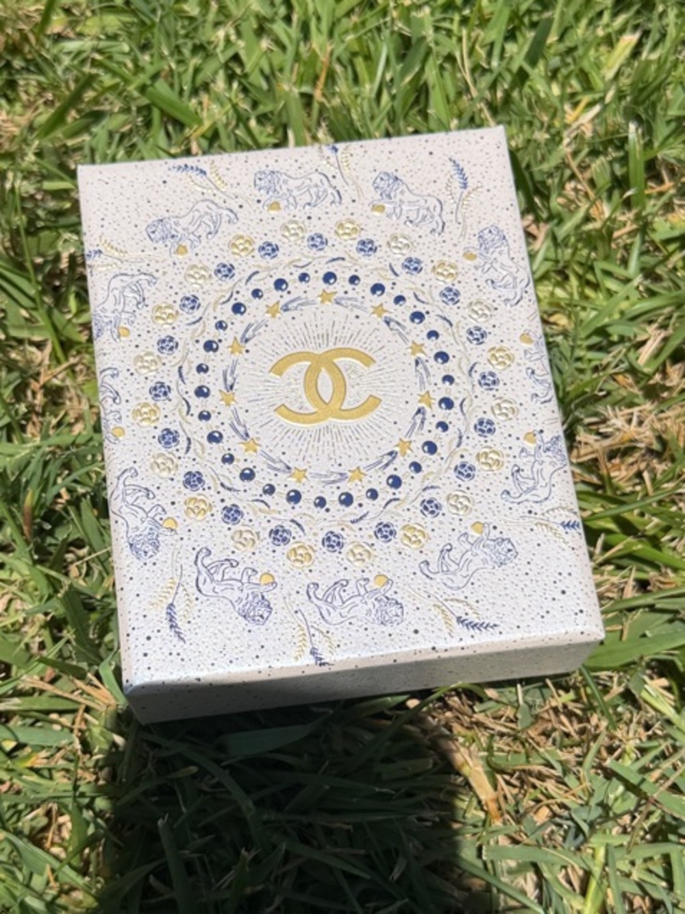 CHANEL Holiday White and Blue Decorative fragrance gift Box with Gold CC Emblem